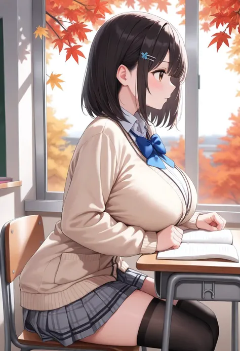 (ultra detailed),(from side,profile),( pretty girl, age 15), (Studying at my classroom desk,椅子に座る),(  beige cardigan , white long sleeve shirt , gray plaid pleated skirt,  black knee high socks, blue bow, school uniform),  huge breasts ,  black hair,  Medi...