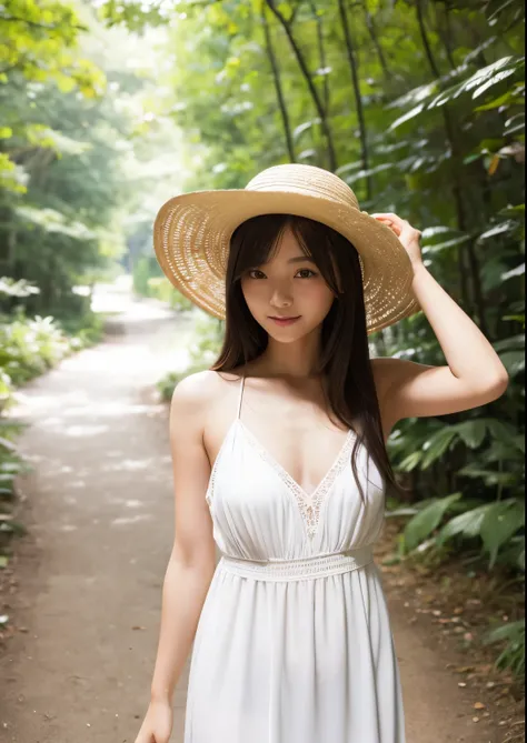 Sexy sensual japanese daughter, white dress, straw hat, at path through forest