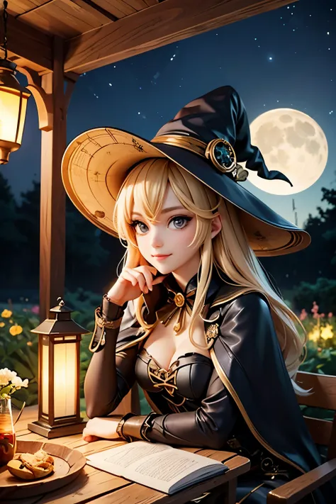 ( best quality :1.2)。steampunk。 one woman。 beautiful witch。 Long Blonde Hair 。Relax in the garden gazebo at night。Beautiful gardens。Looking into the distance 。smile。Full Moon Light 。Lantern Light。