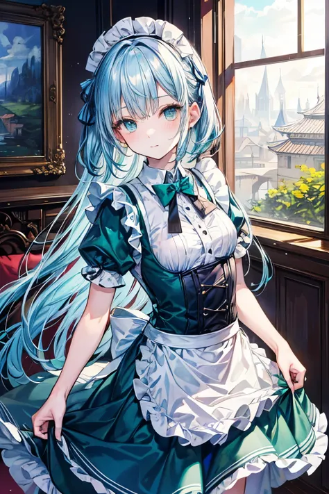 masterpiece, best quality , very detailed,photo is present, is present,  ULTRA HIGH RESOLUTION,  masterpiece, Beautiful Girl, light blue hair with a slender body, straight long hair, emerald eyes, perfect eyes, small breasts , so cute,Maid,青いMaid服, long sk...