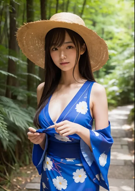 Sexy sensual japanese daughter, blue yukata, straw hat, at path through forest