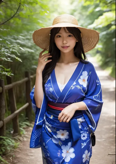 Sexy sensual japanese daughter, blue yukata, straw hat, at path through forest