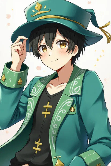 Anime boy
Age: 15
Skin color: Wheatish
Hair: Short and black
Eyes: Sharp yellow
Clothes are luxurious green and blueAnime boy
Age: 15
Skin color: Wheatish
Hair: Short and black
Eyes: Sharp yellow
Clothes are luxurious green and blue