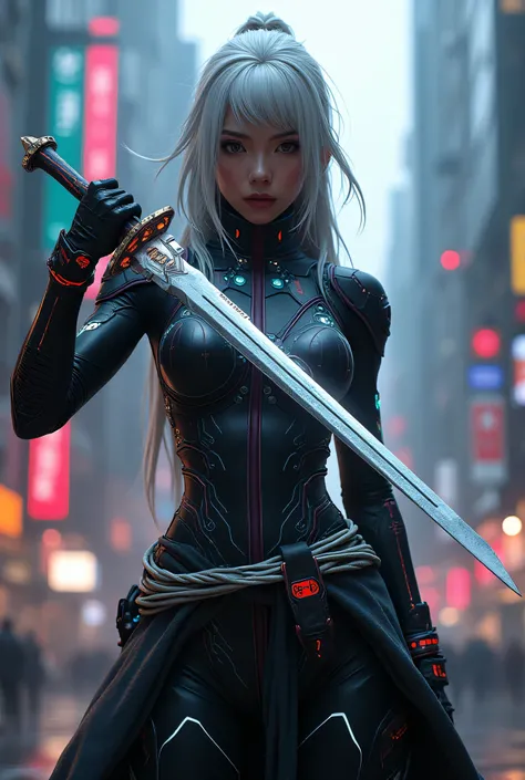 Using the manga Bleach as a motif。　A woman in a futuristic costume。Carrying a sword 　8k high resolution