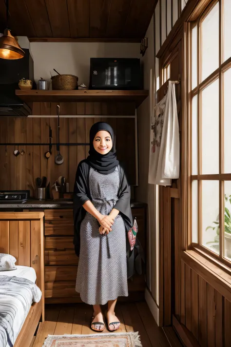 Create a potret very detailed and reality, real-life, original full-length portrait of a kind-hearted thai girl, age 20_year old, wearing a gray hijab, with a patchwork dress made of various colored fabrics, polka dots, flowers, cartoons, stripes, wearing ...