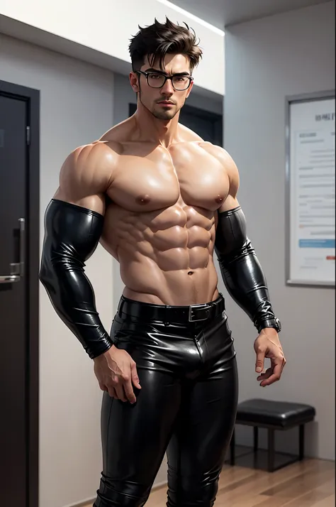 1 muscular Korean dad hunk abs handsome,wearing tight black leather crop top long sleeve sweatshirt ,unobtruscted chest,unobstructed abs,wearing tight black leather shiny pants with belt,standing straight,confident,puffy nipples Muscular dad in a lewd blac...