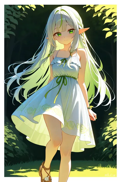 a petite elf girl with a youthful, almost like appearance, resembling a 14-year-old human. She stands at 150 cm tall with a slender, delicate frame. Her long, flowing silver hair cascades down her back, with soft bangs framing her round face. Her striking ...