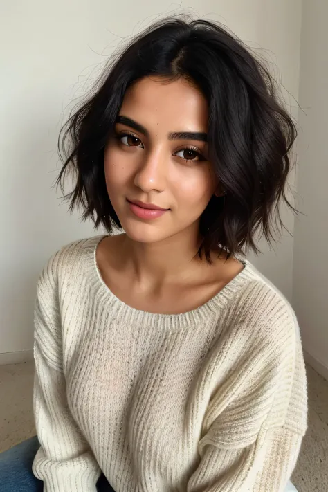 instagram photo, 21yo french woman, short hair,butt chin, black hair, closeup portrait, sweater, pale, hard shadows. Increase the size of hair little bit and Make Indian Version realistic. Wear Best designed sweater full body