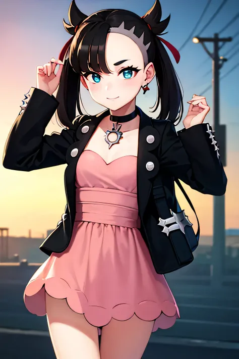 top quality,pokemonmarnie, pokemonmarnie, aqua eyes, asymmetrical bangs, asymmetrical hair, black hair, hair ribbon, long hair, red ribbon, ribbon, twintails, (small breasts:1.2), BREAK backpack, Bag , black choker, black jacket, choker, dress, earrings, j...