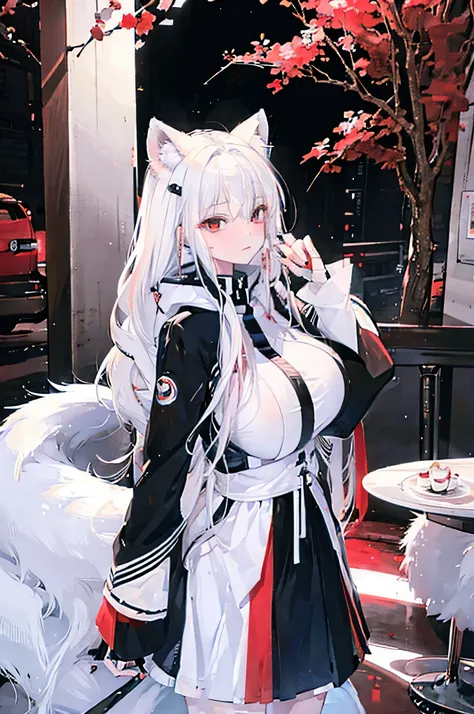 White hair, red eyes, long hair, Arctic fox ears, Arctic fox tail, I_CUP(HUGE_BREASTS)