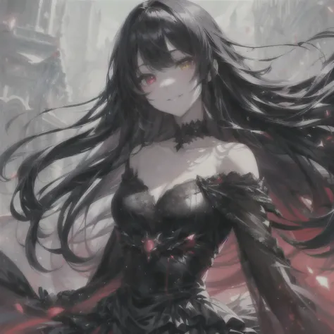  anime girl with long black hair and red eyes in a black dress, gothic anime girl,  anime girl in a black dress , anime style 4k,  beautiful fantasy anime , beautiful anime style, beautiful anime portrait,  beautiful anime woman ,  Anime fantasy ,  beautif...