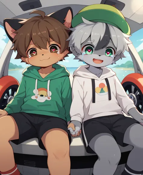  very detailedな, very detailed, brown fur gray hair ,( two boys and girls with gray fur, hold hands),Brown Hair,Age 15,male,骨を見てExcited, heart eye,participate,Cry a little, crying a lot, sad face,(Sad face) green white and colored hat, cute face,Sitting!, ...