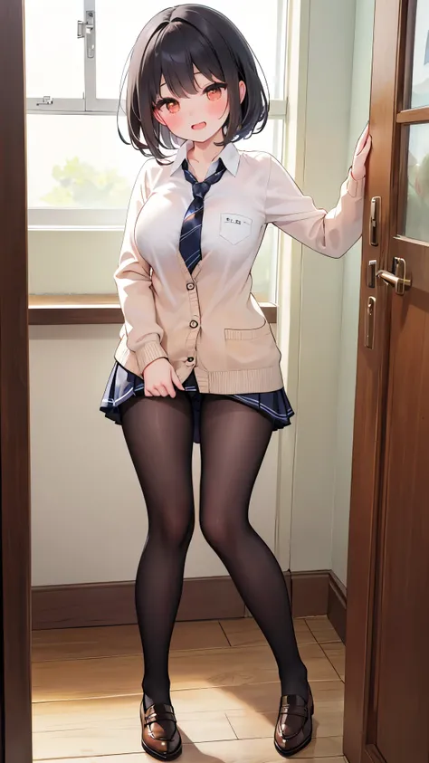 (Best quality, 4K, 8k, high resolution, masterpiece:1.2), ultra detailed, intricate details,alone,Cute girl, alone, standing、school uniform, short hair,, black hair with brown ends, orange eyes, large breasts, tie, Cardigan, blush, perfect smooth skin, loo...