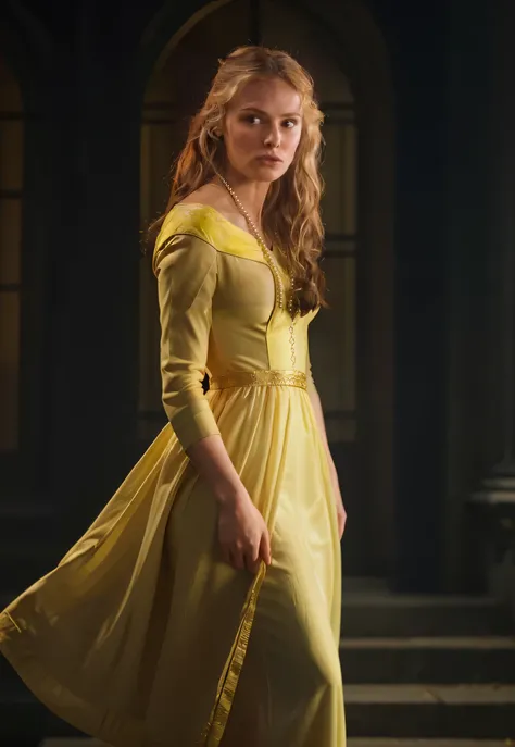 a close up of a woman in a yellow dress, as a medieval fantasy character, galadriel, of elven queen galadriel, blonde elvish empress, scene where she is in rivendell, yelena belova, cate blanchett as medieval queen, isolde, kristen bell as a greek goddess,...