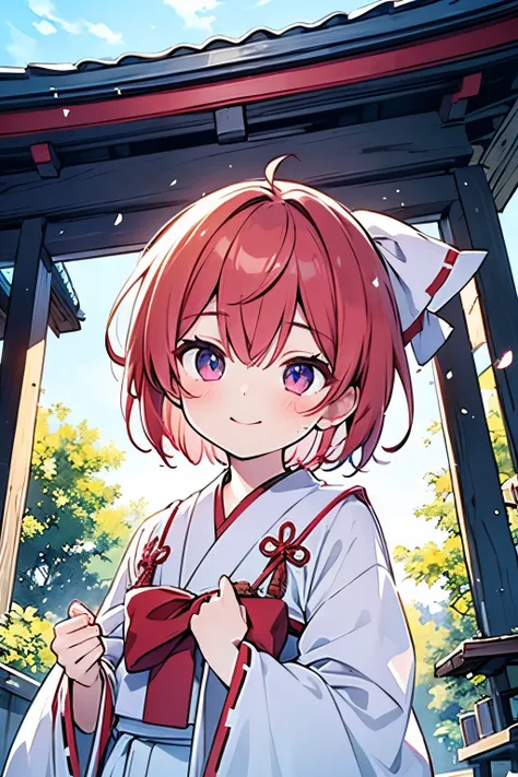 (masterpiece, best quality:1.2), centered, (((1-boy))), solo, cinematic view, portrait, red hair, ((very short hair)),smile, dynamic angle, violet eyes, ((shrine maiden clothes))