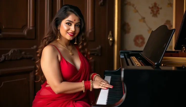    with curvy light brown 2B hair at shoulder height,  playing on a piano at the São Paulo theater, Not so thin with big breasts , Indian beautiful woman sexy alluring face bhabhi playing piano, Mouth slightly open,Kajal in eyes, red sindoor on forehead, h...