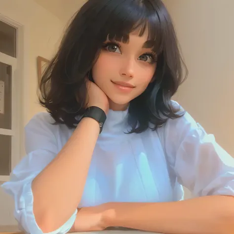 there is a woman sitting at a table with a plate of food, with short hair, with short hair with bangs, with bangs, with cute - fine - face, she has black hair with bangs, with full bangs, neat hair with bangs, leaked image, attractive girl, with lovely loo...