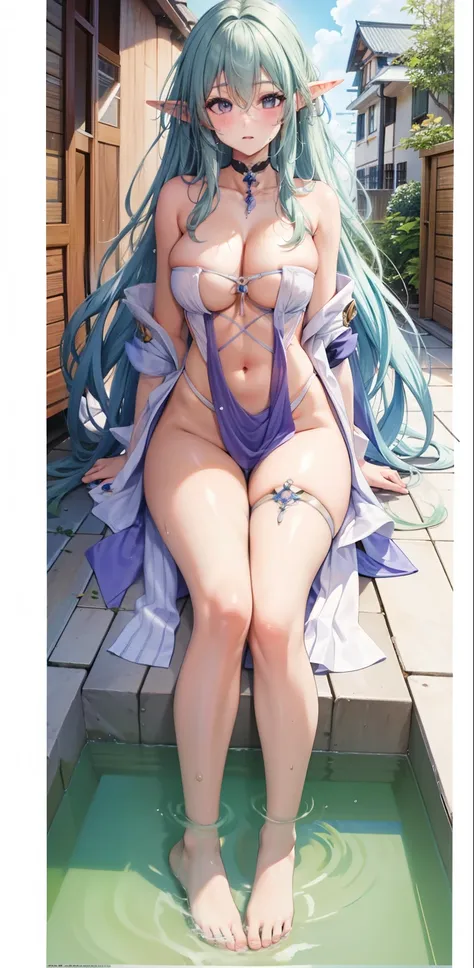 wife，  Big Breasts  ，exposed,    long hair，Elf ears，Small belly，纹胸，Big thighs ，Water Drops。Aho,bath towel，Purple Eyeshadow,barefoot，gem