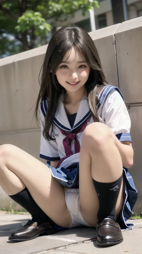 (Missfu:1.7), ( is present, photo  is present:1.2), (( best quality )),  move the center of gravity back ,  cute and embarrassing ,   white panties  , ( panties at the park:1.4), ( punch:1.3), ( rolling up his skirt :1.3), ( Sitting on the Ground :1.4), ( ...