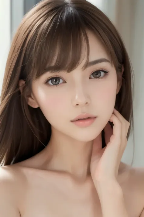 1 Female, medium breasts , light brown hair, blunt bangs , hair behind the ear , hair over shoulders , long hair, Slender Body Shapes , Ultra debtine debtace, Thin face, Gentle lips, beautiful eyes, Light blush, Eyes are light brown , perfect s...