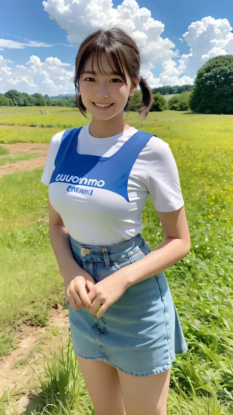 girl standing in rural field,cumulonimbus cloud in summer blue sky, ultramini skirt,18-year-old,bangs,a little smile,thighs,knees,wet short hair with low pigtails bunches,from beside,front light