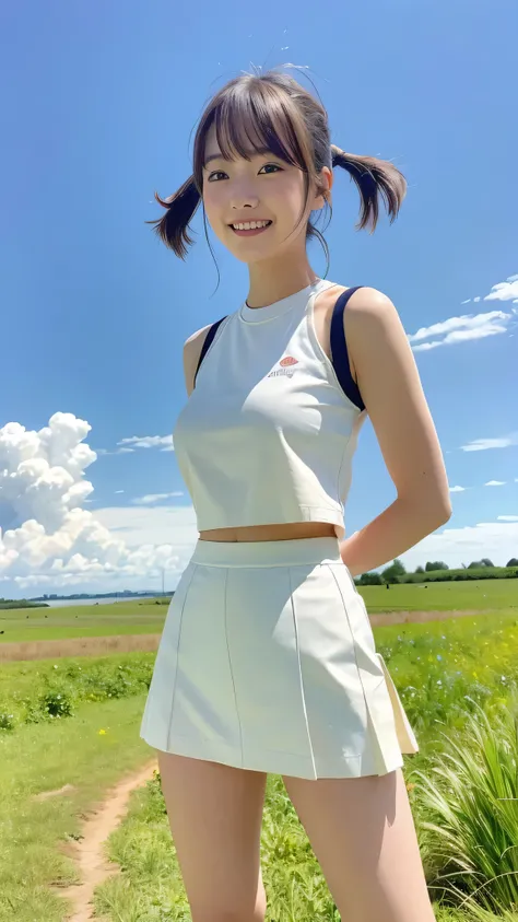 girl standing in rural field,cumulonimbus cloud in summer blue sky, ultramini white skirt,18-year-old,bangs,a little smile,thighs,knees,wet short hair with low pigtails bunches,from beside,front light