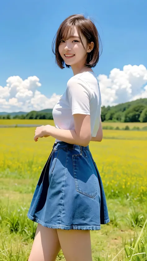 girl standing in rural field,cumulonimbus cloud in summer blue sky, ultramini white skirt,18-year-old,bangs,a little smile,thighs,knees,wet short hair with bob, from beside,front light