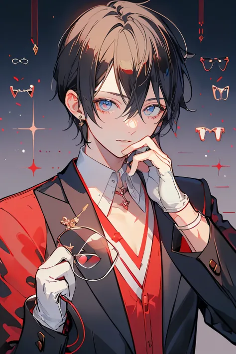 (Mastepiece)、(Best Quality)、Very detailed、((One man:1.5))、Perfect Face、Beautiful Face、Very detailedな顔、(Black Hair:1.3)、(Glasses:1.5)、(White gloves:1.3), Wearing a red shirt, shiny fabric, open chest, male wearing red shirt open chest , Skin exposed chest,...