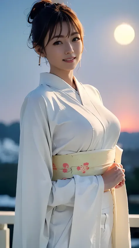 ((( carefully depict limbs based on perfect anatomy with deep depth of field))),(((Wear a light white costume elegantly according to the basics of kimono:1.9))),An elegant work,Looks great with earrings,((Gravure shooting at the top of a mountain where you...