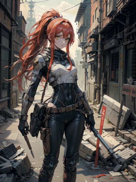 A girl in a futuristic dieselpunk military spacesuit, standing tall with a confident pose, her red hair in a ponytail and long bangs framing her vivid yellow eyes. She has a small bust, wide hips, and muscular thighs, exuding a powerful yet feminine presen...