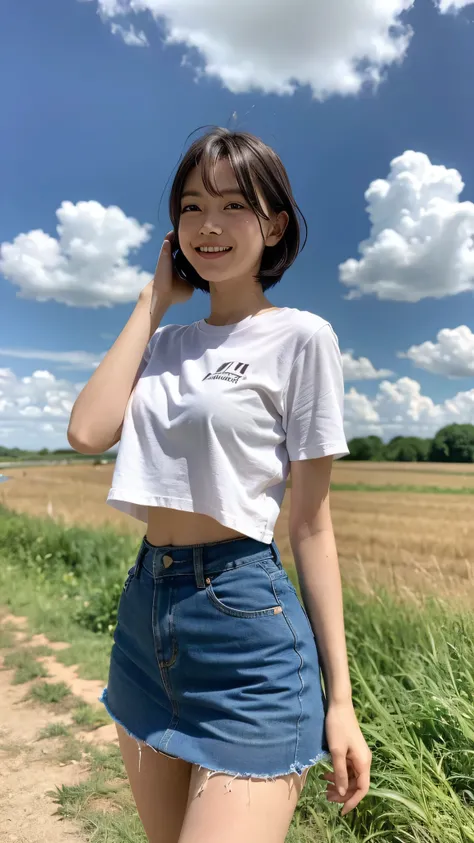 girl standing in rural field,cumulonimbus cloud in summer blue sky, ultramini skirt, no bra, white T-shirt, 16-year-old,bangs,a little smile,thighs,knees,wet short hair with bob, thin eyebrows, from beside,front light, walking narrow road, put her hand up,...