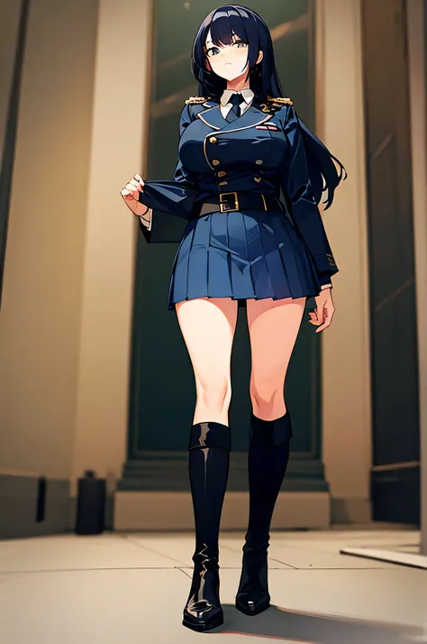 1 woman close to black, dark blue hair, long hair, big breasts, thin body, cool tall, mini pleated skirt, black military uniform, tie, black long boots