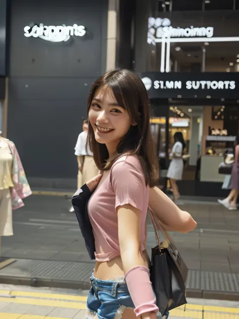 Create a subject 20 years old Japanese girl person, medium photo, color vibrant, mood energetic, composition portrait. araffe woman in pink shirt and blue shorts walking down a street, photo of slim girl, appearing in a shopping mall, photo of slim girl mo...