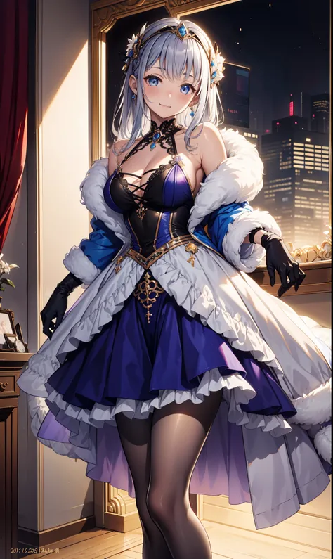 Saint，Elegant and charming  ，  Have Fun  ，in love，  purple high waisted skirt ， pantyhose ，  black gloves ，Silver Hair，  blue eyes ， Plush coat，  This dress covered my legs ，wrinkle， Clear Clothes  ， beautiful hair accessories ，  transparent lace  ，night，D...