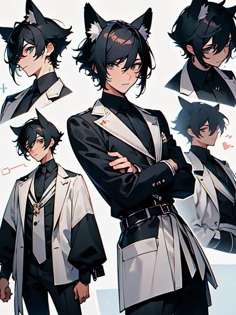 (( Best Quality )), (( Mastepice)), Perfect Face,1 male,a man in his twenties, handsome,Alone,anime, black hair, bangs separated by the center, short hair while on a business trip,From the waist up,Dog ears on the head ,