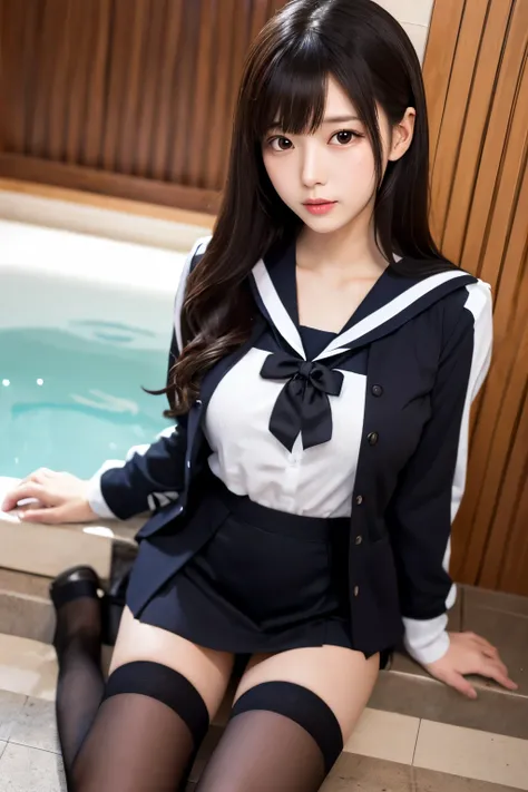 ((  best quality  )), ((Masterpiece)), (  Details),   two high school girls standing side by side ,   sexy、  sailor suit 、  big breasted 、  black hair、  miniskirt、 Beautiful girl holding a cucumber、  cleavage 、ネイビーの  sailor suit 、 black knee-highs、Taking a...