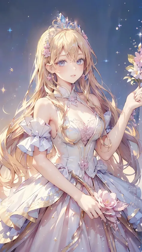 (((highest quality, 8k, masterpiece: 1.3)), ((highest quality)), ((masterpiece)), (detailed), Perfect Face, sexy, Princess, fantasy heroine, tiara, scepter, blonde hair, gradient hair, Hair with a gradation from gold to pink, sparkle, reflection light, Sur...