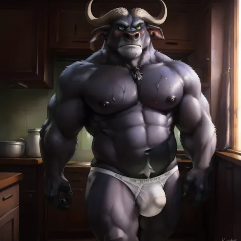 (ultra detailed), a beautiful and detailed full size portrait of a male anthro chief bogo, green eyes, glowing eyes, black body, brown skin, horns, tail, bedroom eyes, detailed eyes, big body, sexy body, (wide body). goddess, kenket, Ross Tran,ruan jia, tr...