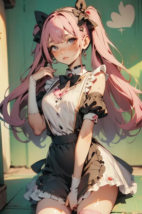  One Girl,  apron, bow, cube  Hair Accessory ,  dress , frills,  dark ( Performances),  Hair Accessory , heart, heart hands,  long hair,  looking away , Maid, Maid  apron, Maid head dress ,  Mary Jane, One side up,  pink hair with a scar, Shadow Face, shoe...