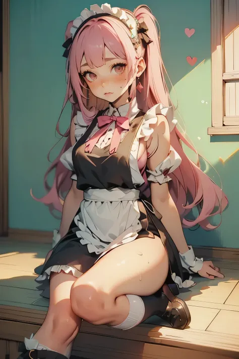  One Girl,  apron, bow, cube  Hair Accessory ,  dress , frills,  dark ( Performances),  Hair Accessory , heart, heart hands,  long hair,  looking away , Maid, Maid  apron, Maid head dress ,  Mary Jane, One side up,  pink hair with a scar, Shadow Face, shoe...