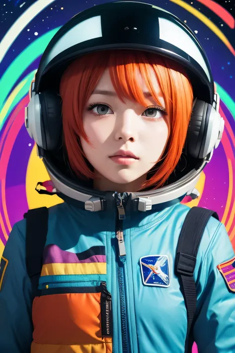  anime art of a woman in a spacesuit wearing a helmet, Anime Space Student Girl Portrait , :14 FLCL +  JET GRIND RADIO , style of Macross, Macross, :14 FLCL + Akira,   high quality anime art style  , style of Akira motion movie, Druillet digital art by col...