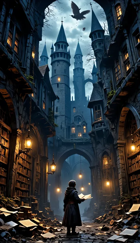 A magical library filled with flying books and bookshelves that extend to the sky. A young wizard's apprentice flips through a book illuminated by a soft light