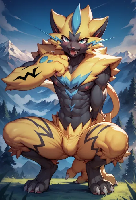 ZERAORA MALE, World at night, mountains, Heavens, POSE squatting POKEMON, challenging look, sexy