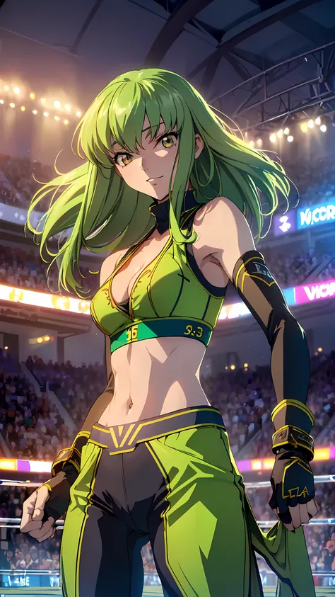 code Geass_anime, C.C., lime hair and gold eyes, long hair, 1 person, Bright light, vivid green hair, (masterpiece, Highest quality), 8k, Intricate details, (sports bra:1.5, sports pants:1.5, fingerless gloves:1.3, sleeveless, cleavage, belly button, bare ...