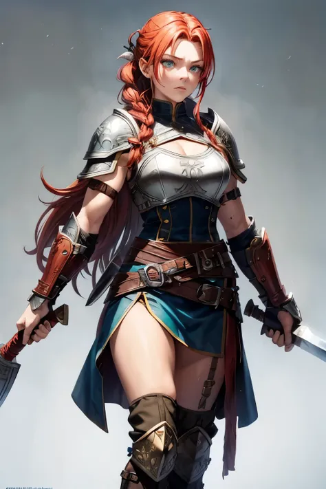 Viking Warrior Appearance: Tall, muscular build; Flaming red hair tied in a braid; Fair skin with light freckles; Piercing green eyes; Scar on her left cheek. Attire: Leather armor covering her torso; Shield, sword, baton, and gauntlets; Fur cape over her ...