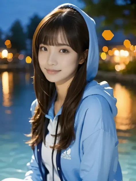  1 girl sitting underwater,  long hair,  high resolution,  looks,  wearing a hoodie 、 multiview,  anatomically correct,  best quality ,  Details , 高い Details ,  High Definition Model , bangs, 目の間のbangs, Reality,  Illuminations，garden