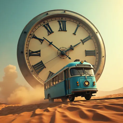 A surreal artwork of a vintage blue trolley car speeding across a desert landscape, dwarfed by a giant antique clock face looming in the background.  The scene is bathed in warm, sunset light, with dust and sand swirling around the trolley. The overall sty...