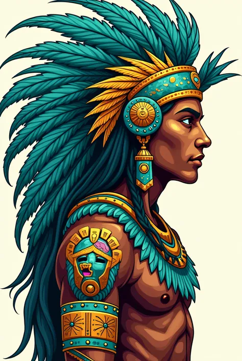 A stylized depiction of an ancient Mesoamerican warrior with a hemp leaf headdress facing sideways, featuring bright turquoise and gold colors. The overall theme is bold and colorful, reflecting a blend of historical and modern elements. Vector style, illu...