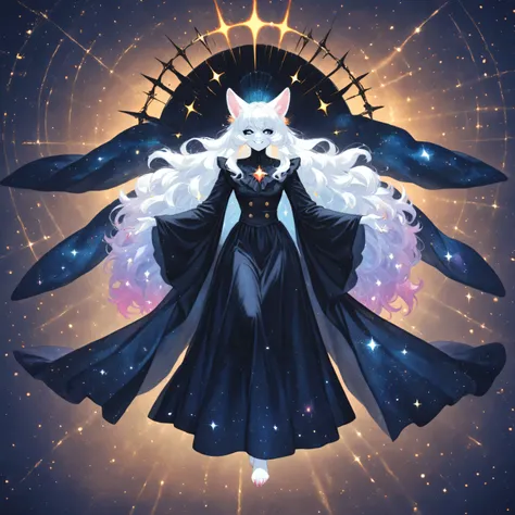 Smiling, Fluffy, Breasted Cat's Face, Beast Man, Full Body, Fluffy, Long-Haired, Silk Hat, Cat Ears, Graceful Waving Robe　Swimsuit, black blouse, Odd Eye, colorful jewels in the hair, sparkling hair, long hair, starry hair, 100 jewels in the hair, delicate...