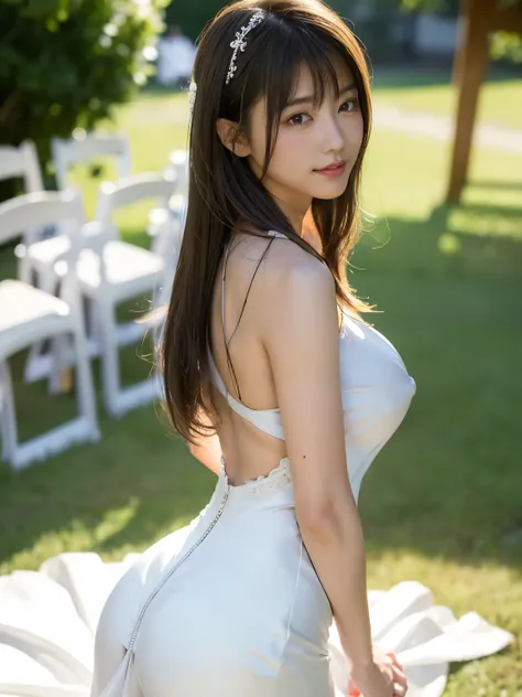   1 girl, White skin, Saesmat  , the glare of the sun, (  wedding dress :1.4),   miniskirt , (Chapel:1.3), ( French .:1.3), thin,  Lace pattern,   bridal veil, Bokeh,    Allow depth of field  ,   blurry background ,  Light Particles , Strong winds,  tiltin...